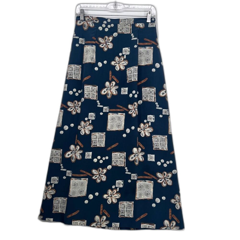 VTG Aline Mixed Print Abstract Lightweight Coastal Maxi Skirt Blue White Sz MD
